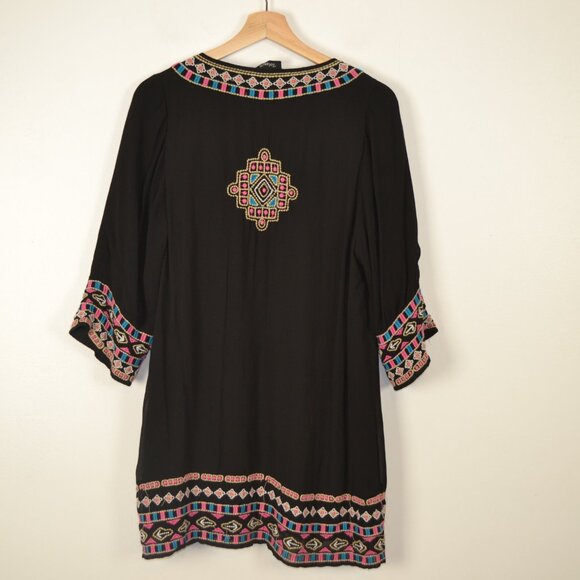 Tolani Embroidered Peasant Boho Art To WearTunic Dress Womens V Neck Tassel Tie - Picture 4 of 9